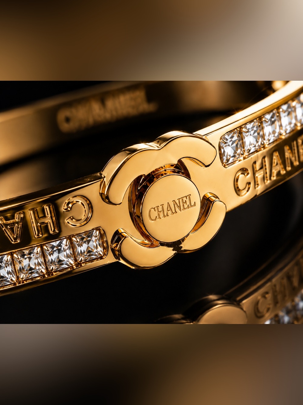 Gold Crystal CC Logo Hinged Bangle Bracelet - Picture 6 of 9